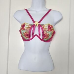 For Love & Lemons Lucy Monowire Bra NWT XS Pink Floral Embroidered Coquette